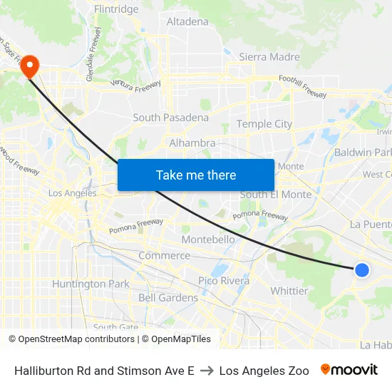 Halliburton Rd and Stimson Ave E to Los Angeles Zoo map