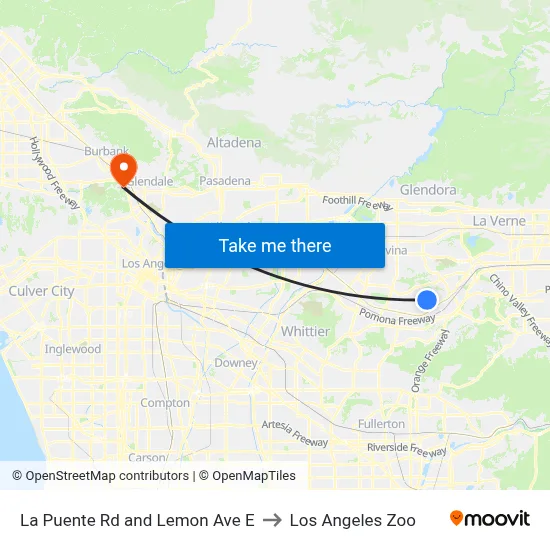La Puente Rd and Lemon Ave E to Los Angeles Zoo map