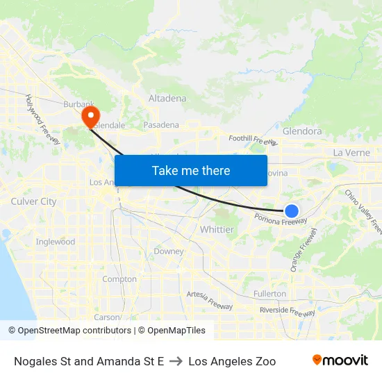 Nogales St and Amanda St E to Los Angeles Zoo map