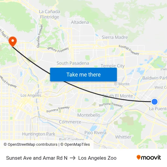 Sunset Ave and Amar Rd N to Los Angeles Zoo map