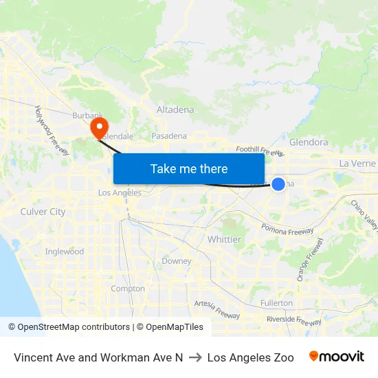 Vincent Ave and Workman Ave N to Los Angeles Zoo map