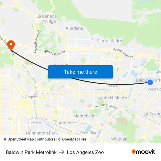 Baldwin Park Metrolink to Los Angeles Zoo map