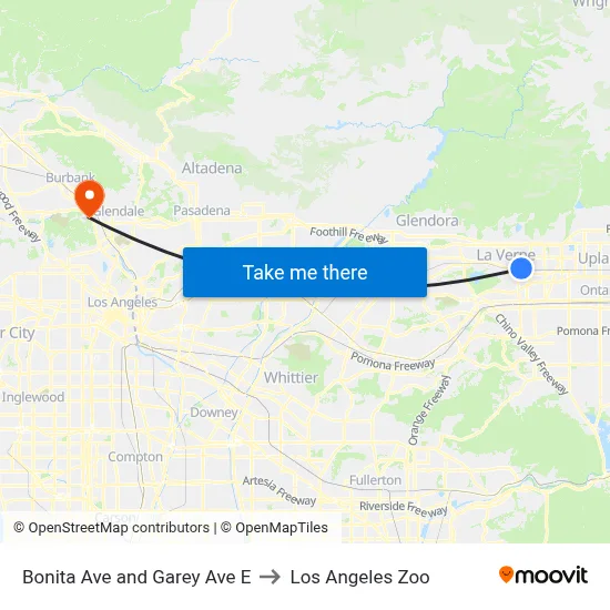 Bonita Ave and Garey Ave E to Los Angeles Zoo map