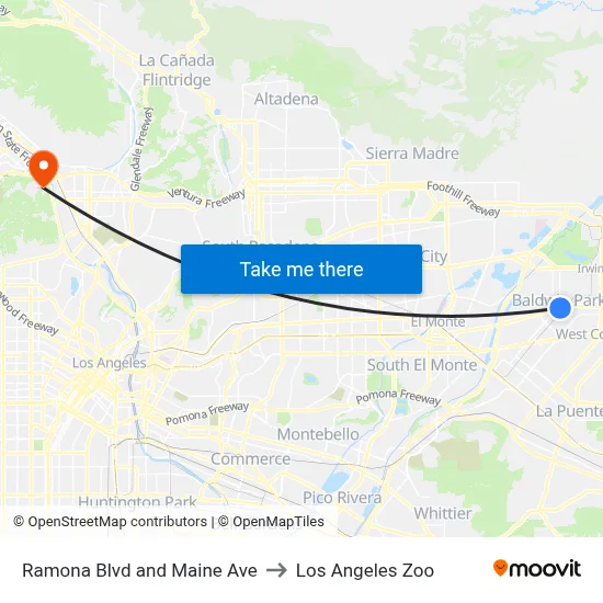 Ramona Blvd and Maine Ave to Los Angeles Zoo map
