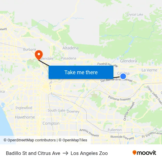 Badillo St and Citrus Ave to Los Angeles Zoo map