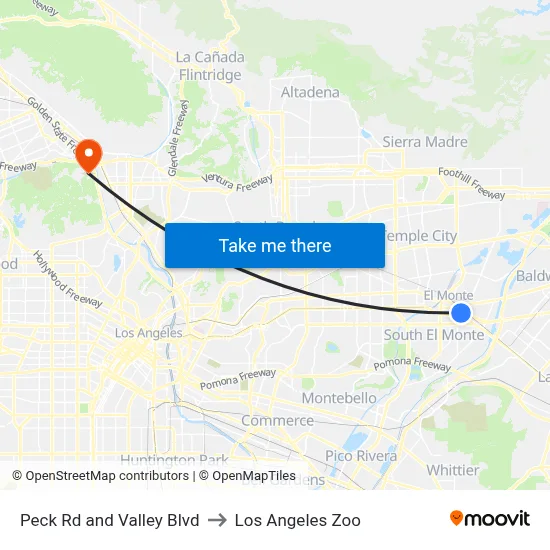Peck Rd and Valley Blvd to Los Angeles Zoo map