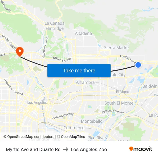 Myrtle Ave and Duarte Rd to Los Angeles Zoo map