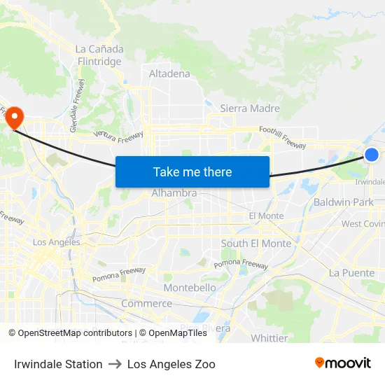 Irwindale Station to Los Angeles Zoo map