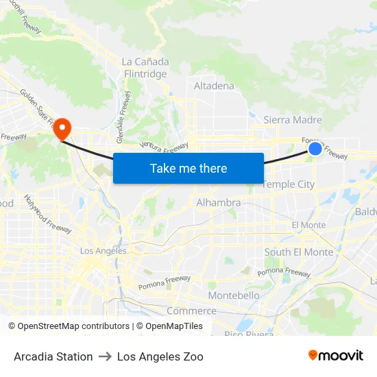 Arcadia Station to Los Angeles Zoo map