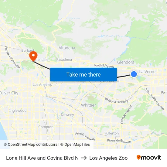 Lone Hill Ave and Covina Blvd N to Los Angeles Zoo map