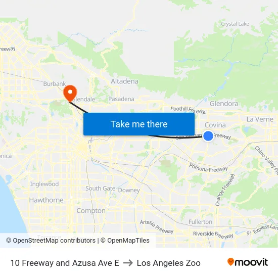10 Freeway and Azusa Ave E to Los Angeles Zoo map