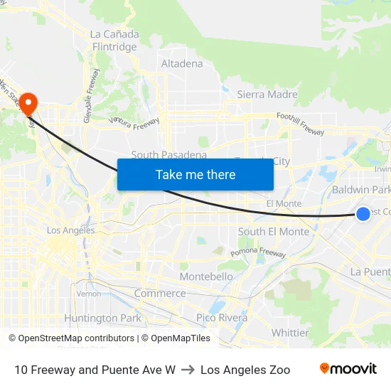 10 Freeway and Puente Ave W to Los Angeles Zoo map