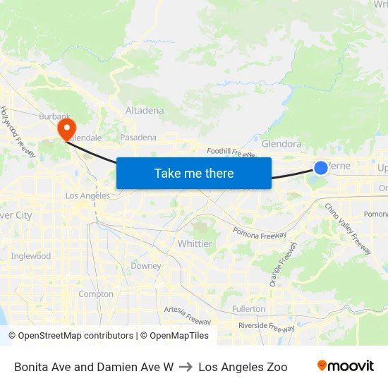 Bonita Ave and Damien Ave W to Los Angeles Zoo map