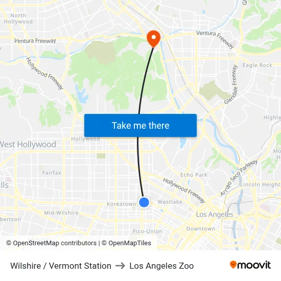Wilshire / Vermont Station to Los Angeles Zoo map