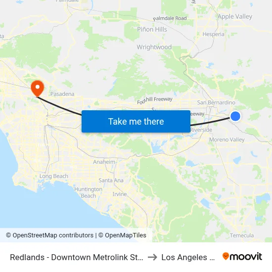 Redlands - Downtown Metrolink Station to Los Angeles Zoo map
