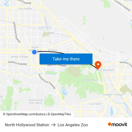 North Hollywood Station to Los Angeles Zoo map