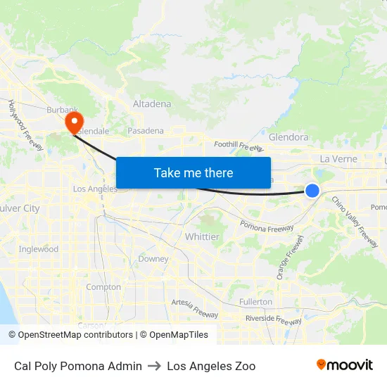 Cal Poly Pomona Admin to Los Angeles Zoo map