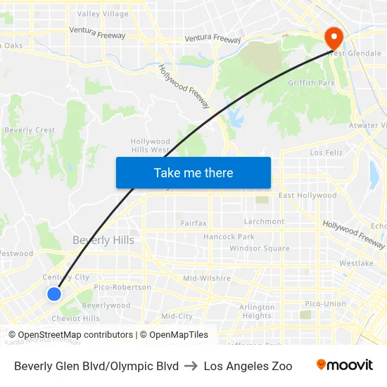 Beverly Glen Blvd/Olympic Blvd to Los Angeles Zoo map
