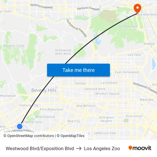 Westwood Blvd/Exposition Blvd to Los Angeles Zoo map