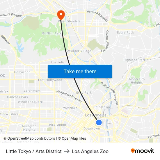 Little Tokyo / Arts District to Los Angeles Zoo map