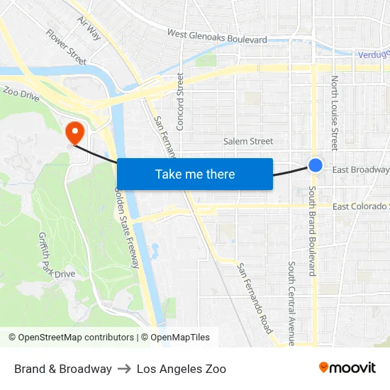 Brand & Broadway to Los Angeles Zoo map