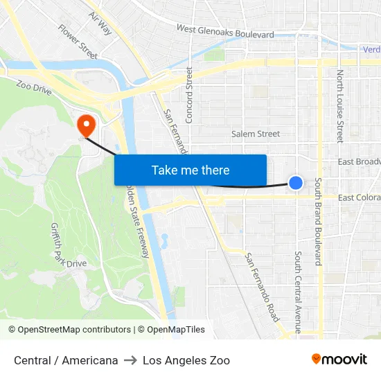 Central / Americana to Los Angeles Zoo map