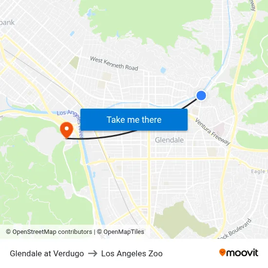 Glendale at Verdugo to Los Angeles Zoo map