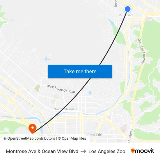 Montrose Ave & Ocean View Blvd to Los Angeles Zoo map