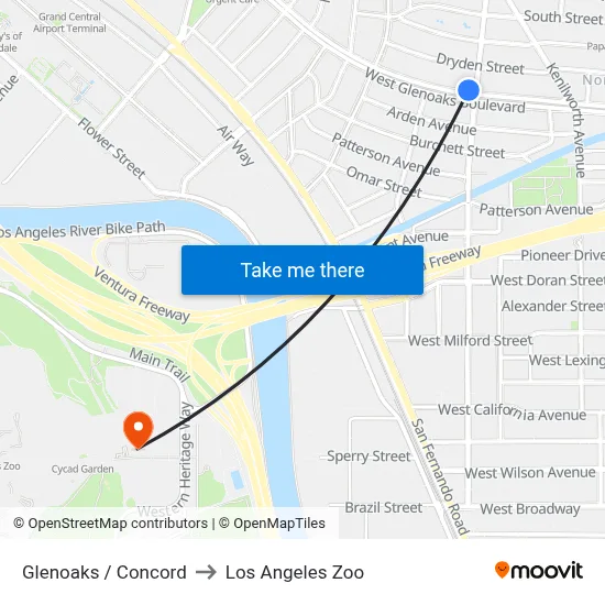 Glenoaks / Concord to Los Angeles Zoo map