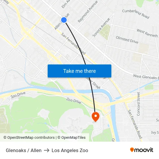 Glenoaks / Allen to Los Angeles Zoo map