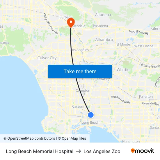 Long Beach Memorial Hospital to Los Angeles Zoo map