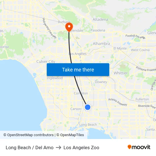 Long Beach / Del Amo to Los Angeles Zoo map