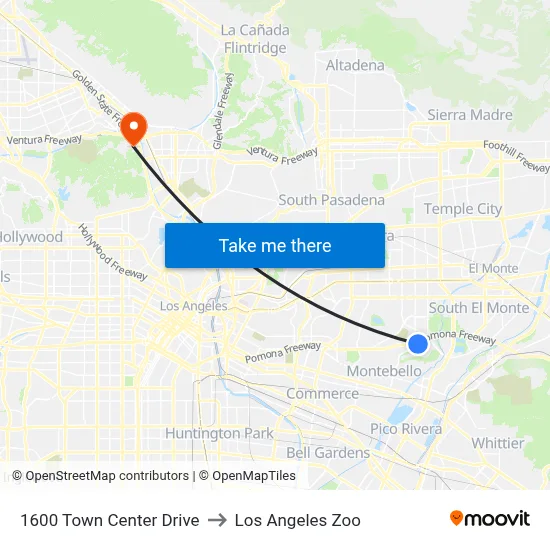 1600 Town Center Drive to Los Angeles Zoo map
