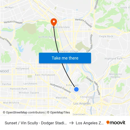 Sunset / Vin Scully - Dodger Stadium to Los Angeles Zoo map