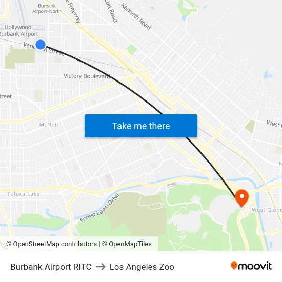 Burbank Airport RITC to Los Angeles Zoo map