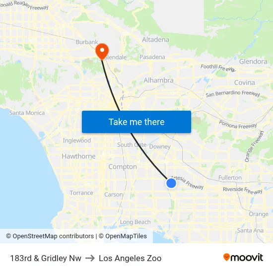 183rd & Gridley Nw to Los Angeles Zoo map