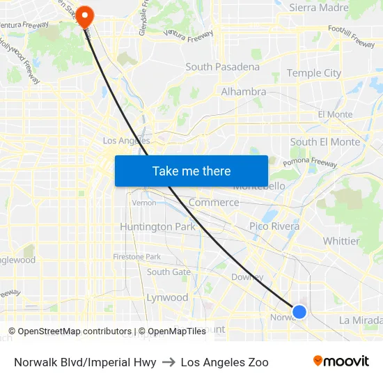 Norwalk Blvd/Imperial Hwy to Los Angeles Zoo map