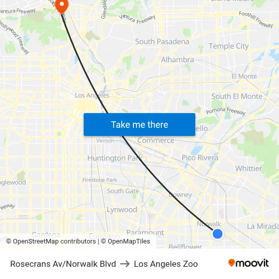 Rosecrans Av/Norwalk Blvd to Los Angeles Zoo map