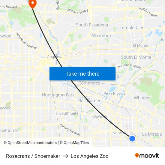 Rosecrans / Shoemaker to Los Angeles Zoo map