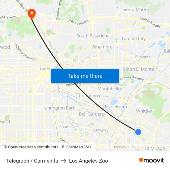 Telegraph / Carmenita to Los Angeles Zoo map