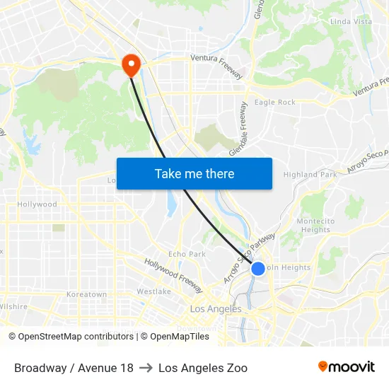 Broadway / Avenue 18 to Los Angeles Zoo map