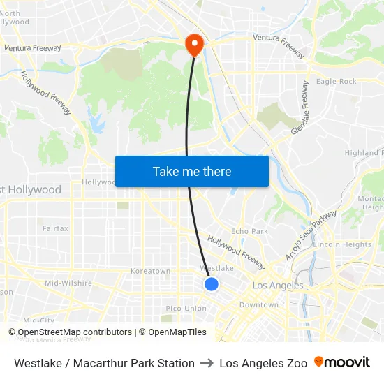 Westlake / Macarthur Park Station to Los Angeles Zoo map