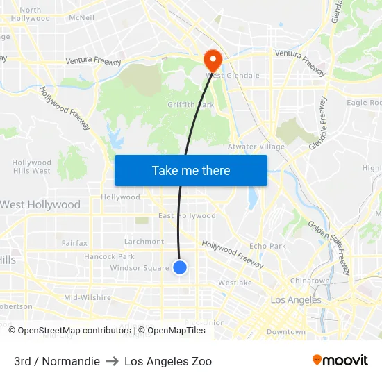 3rd / Normandie to Los Angeles Zoo map
