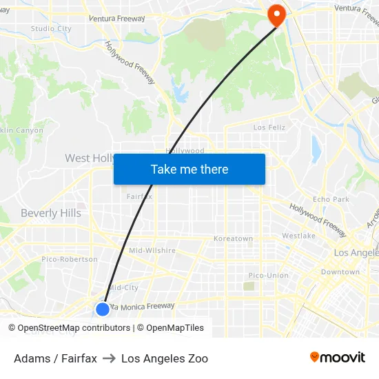 Adams / Fairfax to Los Angeles Zoo map