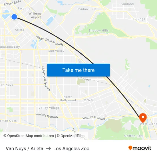 Van Nuys / Arleta to Los Angeles Zoo map