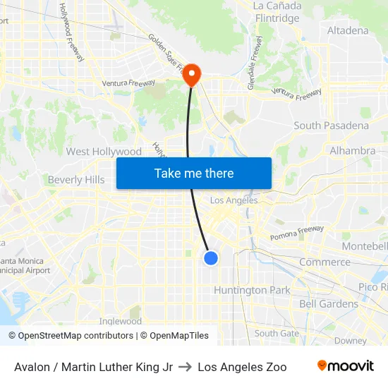 Avalon / Martin Luther King Jr to Los Angeles Zoo map