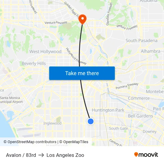 Avalon / 83rd to Los Angeles Zoo map