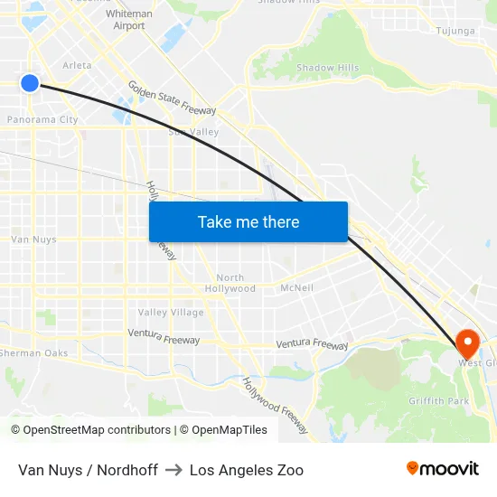 Van Nuys / Nordhoff to Los Angeles Zoo map