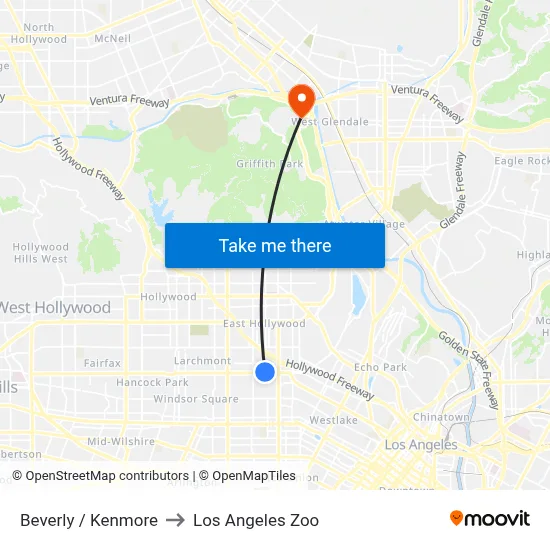 Beverly / Kenmore to Los Angeles Zoo map