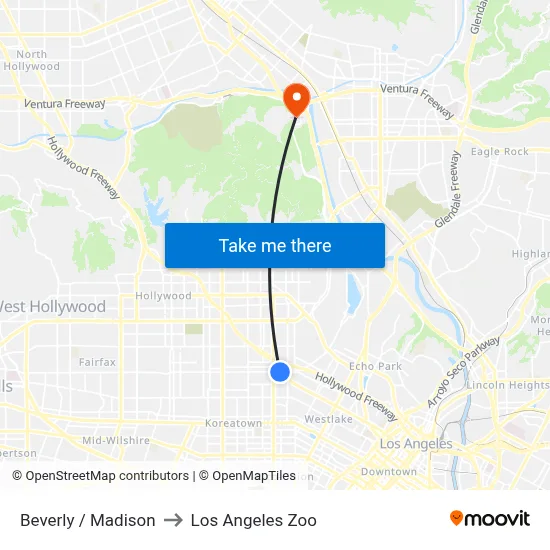 Beverly / Madison to Los Angeles Zoo map